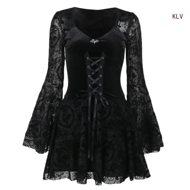 สไตล์สีดำ Draped Bodycon ชุดเดรสแขนยาวสไตล์โกธิคเดรสแฟชั่นวินเทจกระโปรงยาว Belled Sleeve Design 6XDA