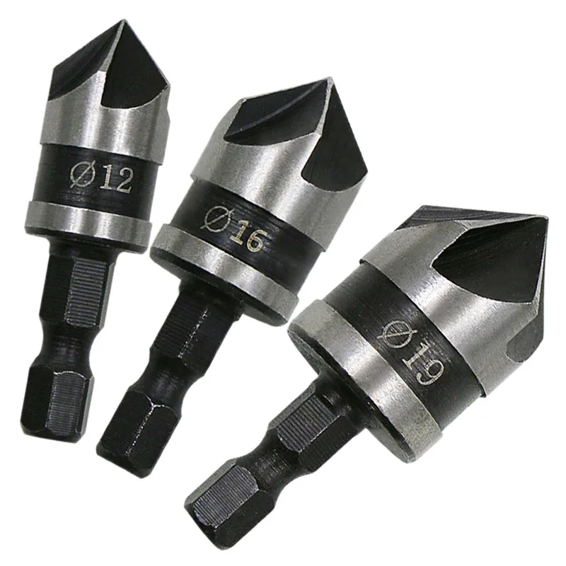 3Pcs Hexagonal Shank Five Blade Chamferer 12/16/19mm Carbon Steel Countersink Drill Bit Set Woodworking Hole Opener Tools