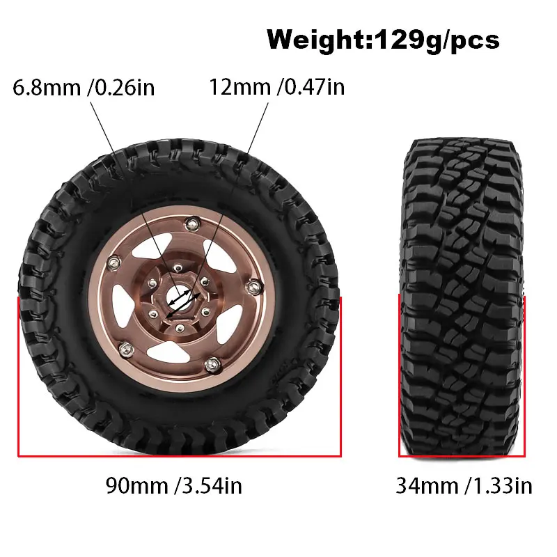 1.9 Inch Upgraded Beadlock Wheel Rims with 90mm Outer Diameter Tires Hex Compatible for MJX H12Y MN128 MN82 Scale RC Crawler