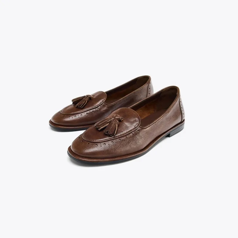 

Женские туфли-балетки Banyiyou 2026 весна, ретро-стиль, с кисточками, коричневые, из натуральной кожи, на плоской подошве, в британском стиле, без застежек