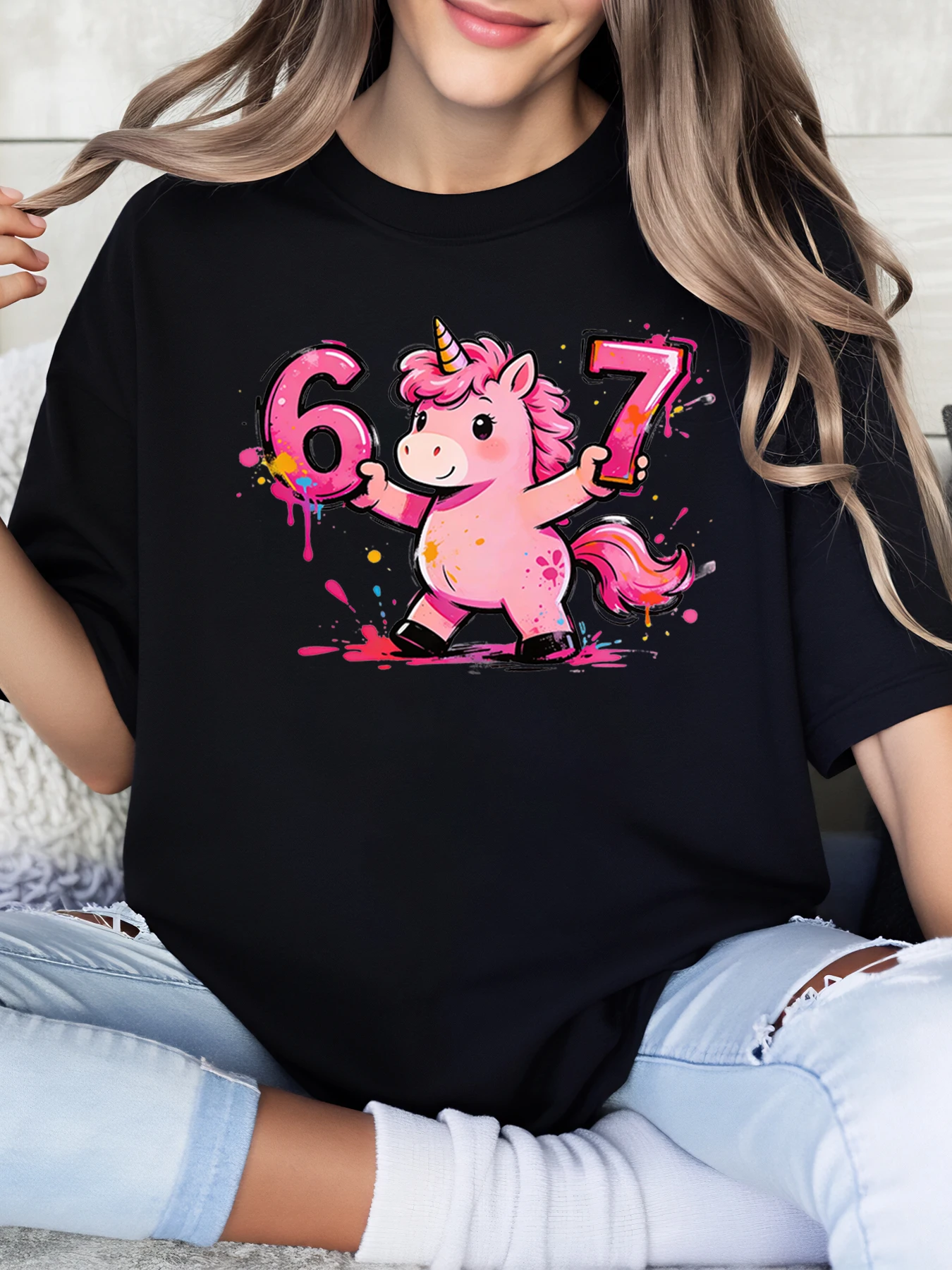 

Unicorn 67Th Birthday Design T-Shirt for Women Party Celebration Black Plus-Size