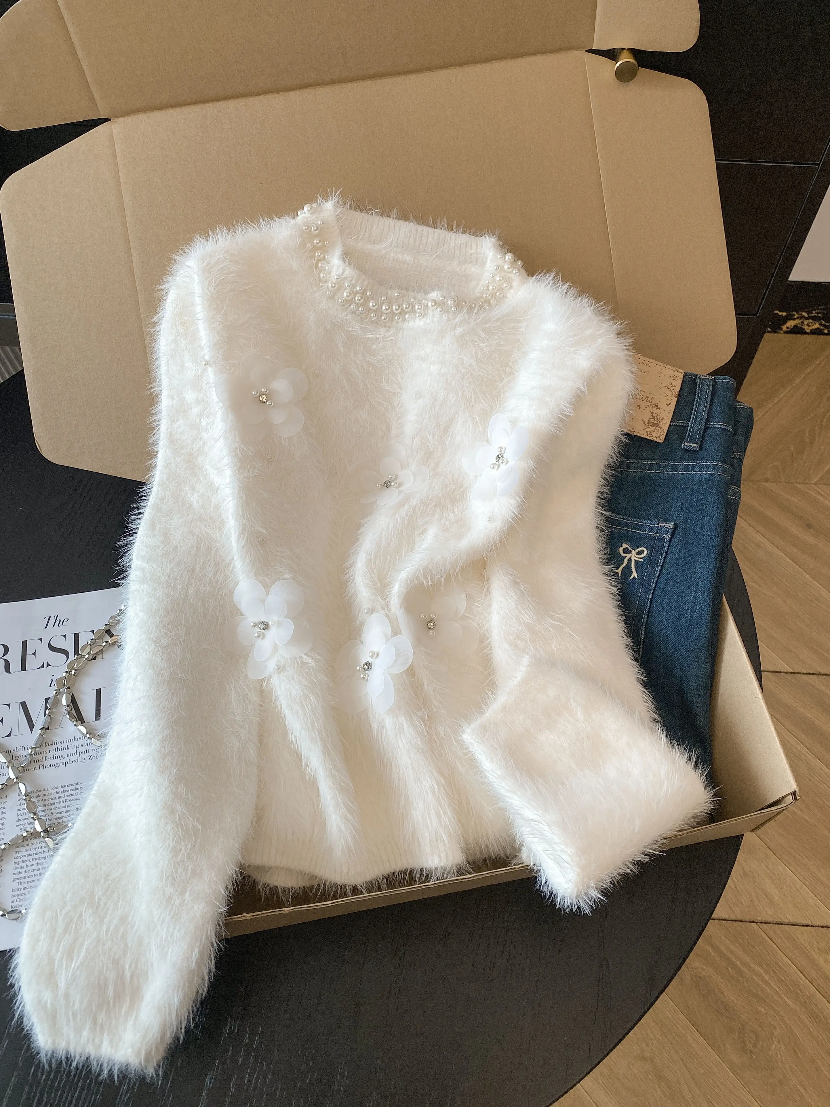 Womens Knit Sweater Mink Fur Design Drill Soft Sticky Loose Round Neck Autumn Winter