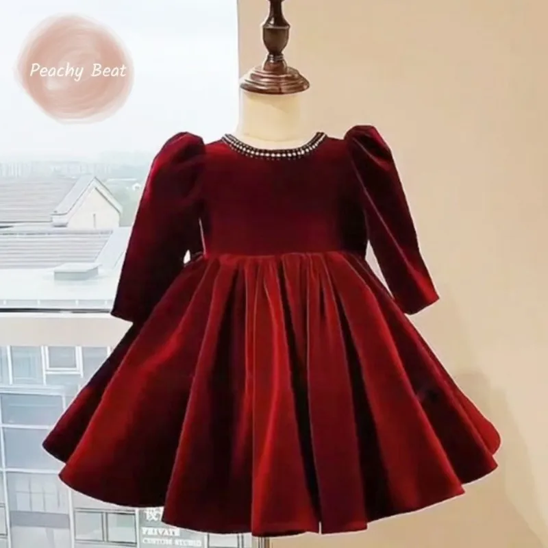 

Бархатное платье принцессы с бантом для маленьких девочек, винтажное красное платье с длинными рукавами для малышей, праздничное платье для рождественской вечеринки, одежда для дня рождения, От 1 до 14 лет