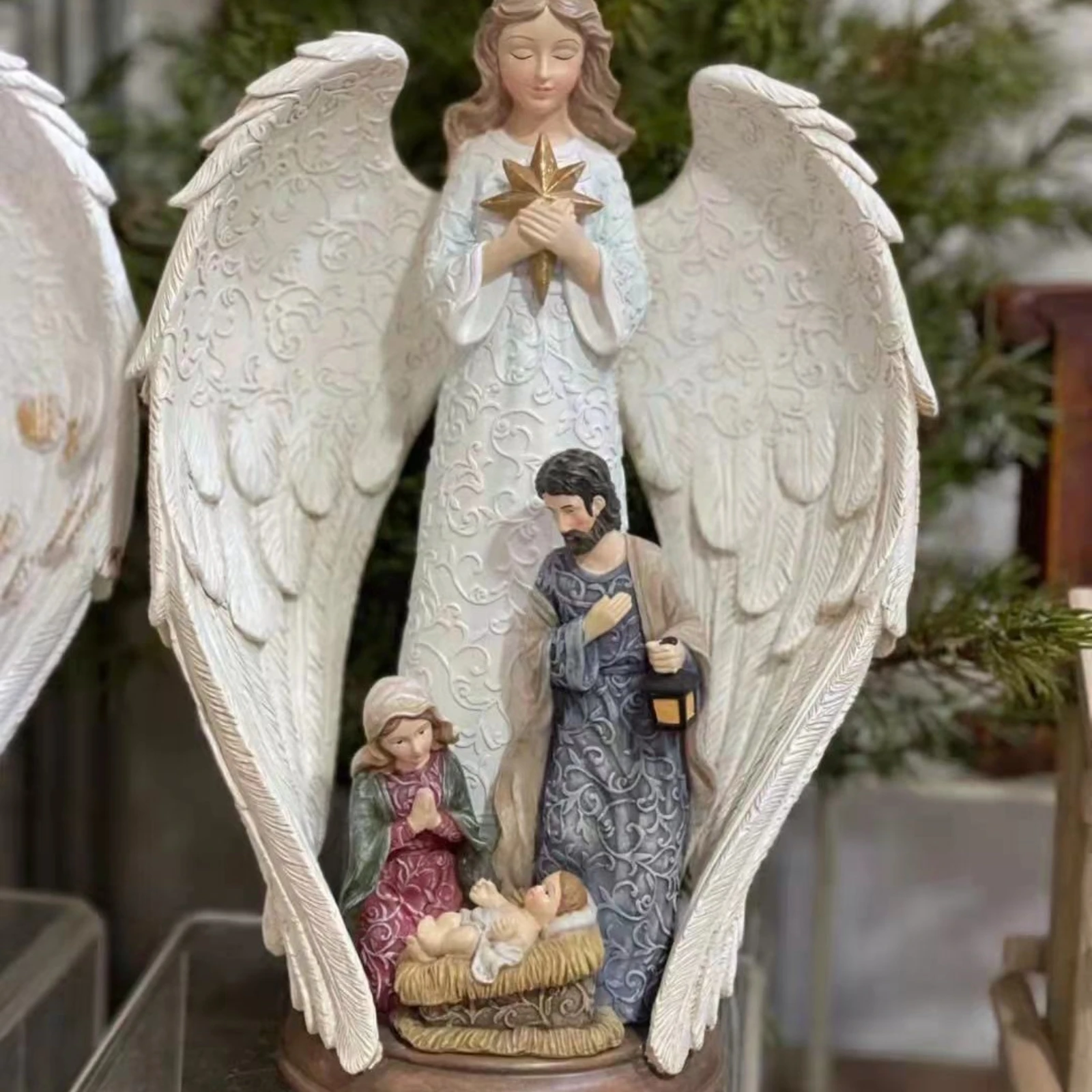 Nativity Scene Carving Hand Painted Doll Angel Wings Character Family Nativity Series Statue Decoration Home Christmas Gift