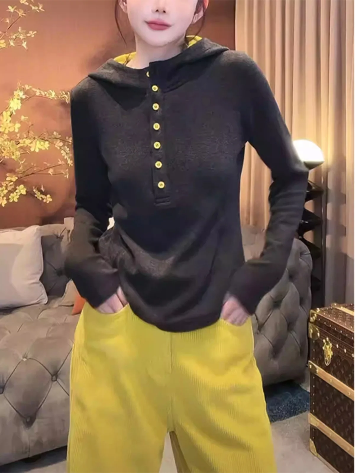 여성용 후드티 긴팔 티셔츠 버튼업 슬림핏 베이스 레이어 티셔츠 스트레이트 컷 한국 스타일 겨울 신상품