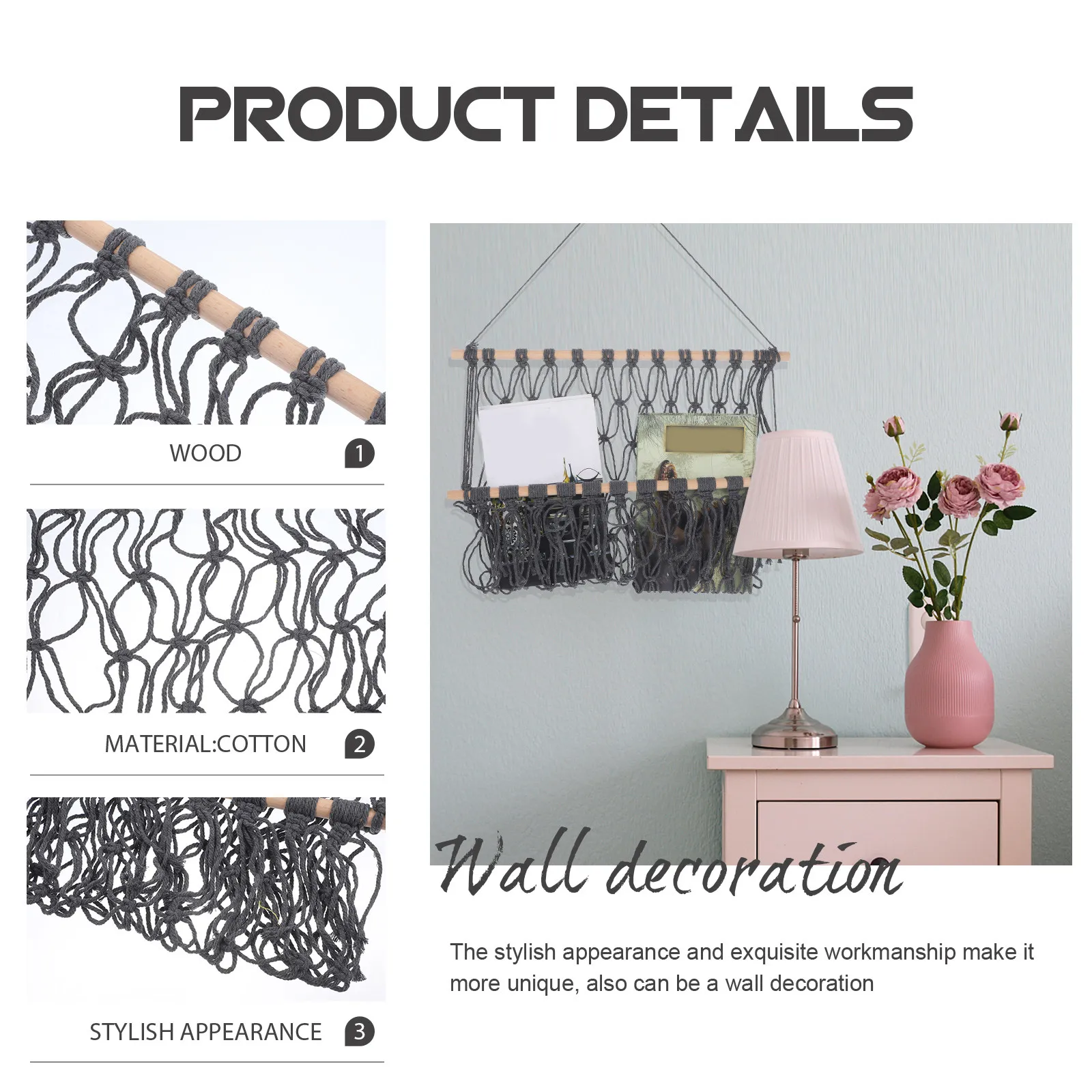 Premium Hand Woven Cotton Rope Wall Mounted Storage Mesh Shelf for Home Office Bedroom Decor Woven Tassel Pendant Hanging Rack