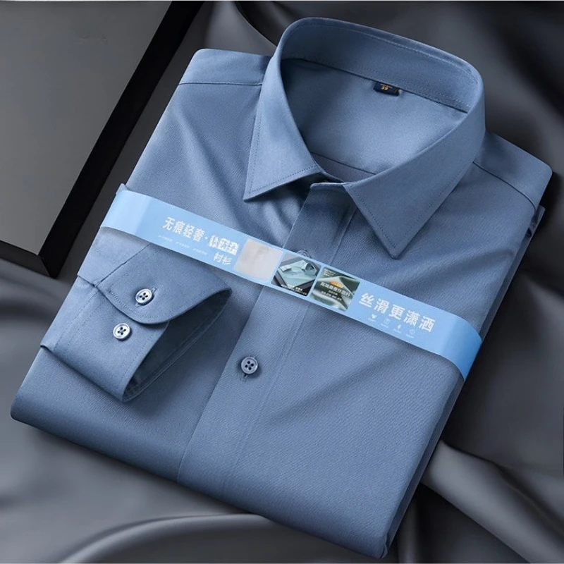 Non-Iron 8XL 7XL High-end Anti-wrinkle Modal Men's Shirt Casual Long Sleeve Slim Fit Office Blue White Shirts Men Long Sleeve