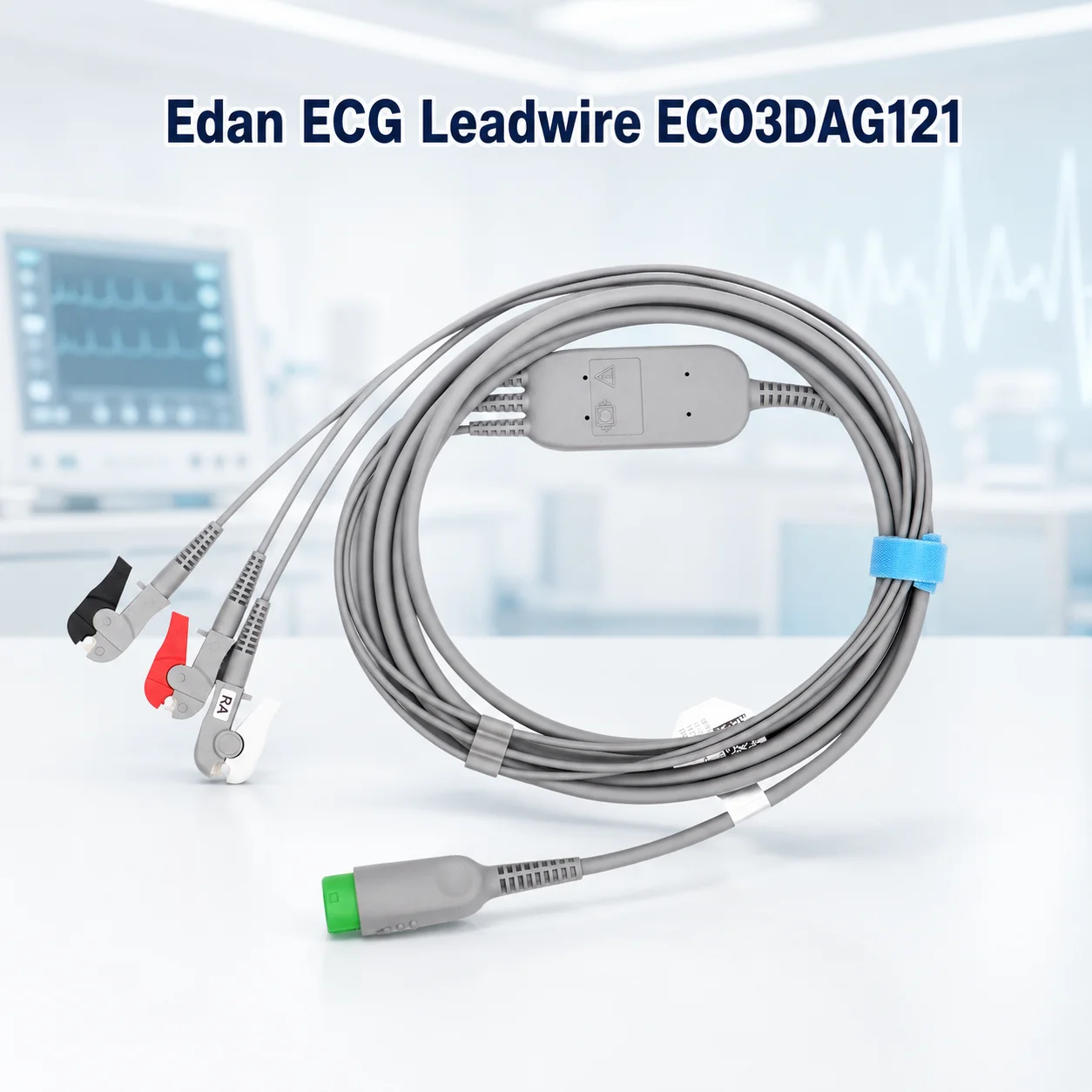 EC03DAG121 3-Lead ECG Cable 12-Pin AHA Clip Defibrillation-Proof Non-Sterile ISO Certified Patient Accessory