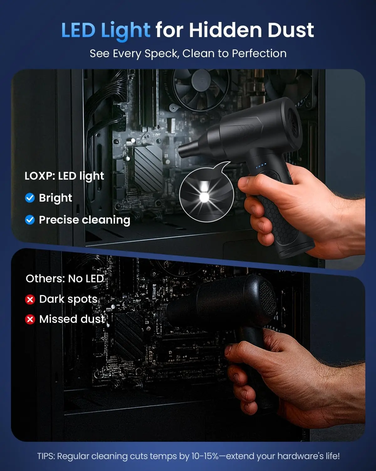 منفضة هواء مضغوطة 100000 دورة في الدقيقة منفاخ هواء كهربائي محمول ومكنسة كهربائية، 3 سرعات، ضوء LED، لوحة مفاتيح ومجموعة تنظيف السيارة