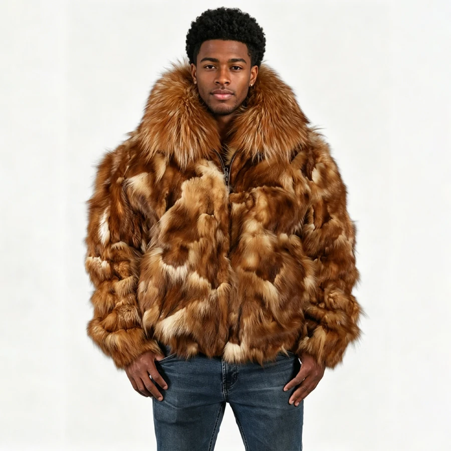 Real Fox Section Fur Bomber Jacket Natural Fox Fur Jacket With Large Wing Collar Furry Jacket Luxury Winter Jacket For Men