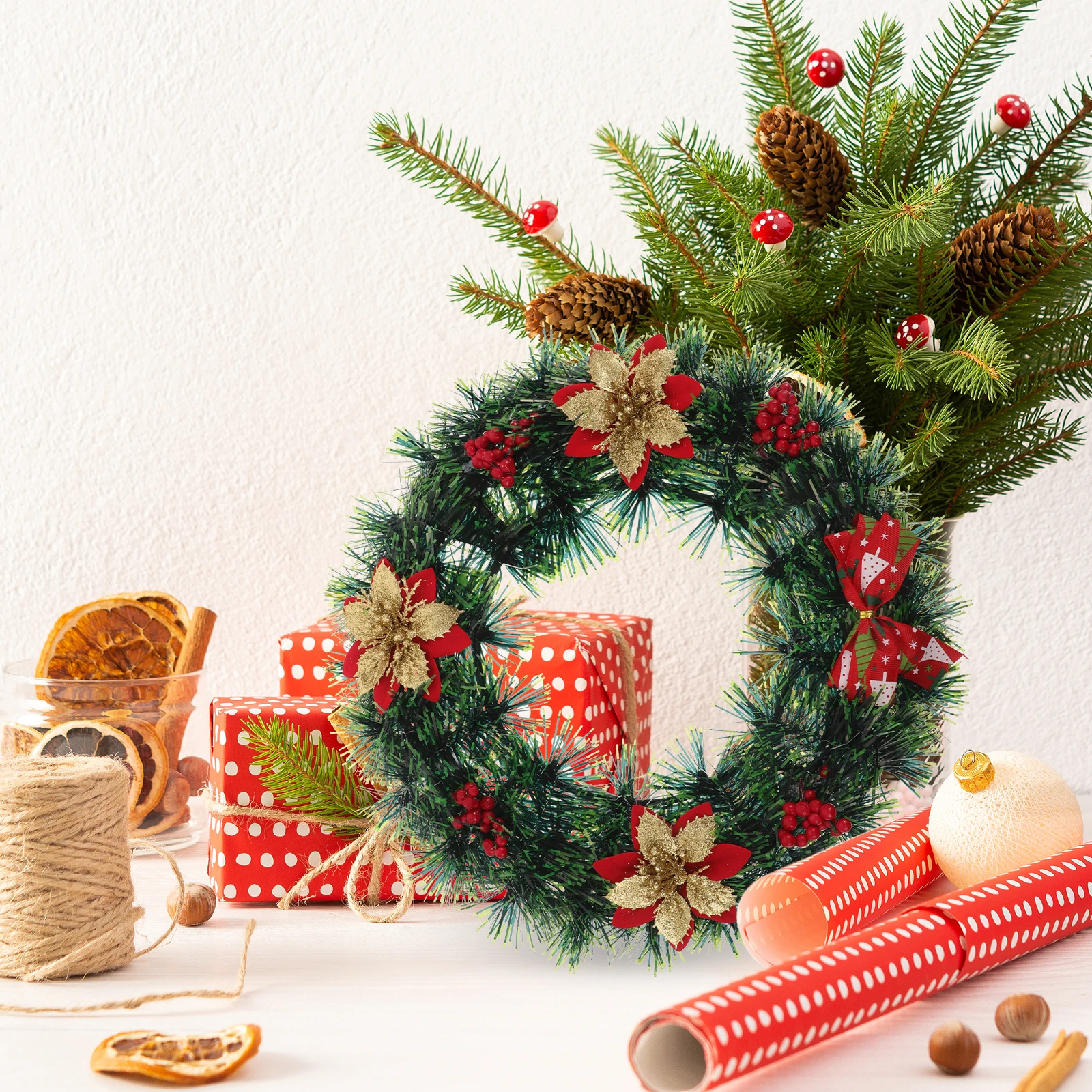 

Christmas Wreath Poinsettia Flower Red Berry Artificial Greenery Holiday Front Door Bowknot Wall Fireplace Porch Decorations