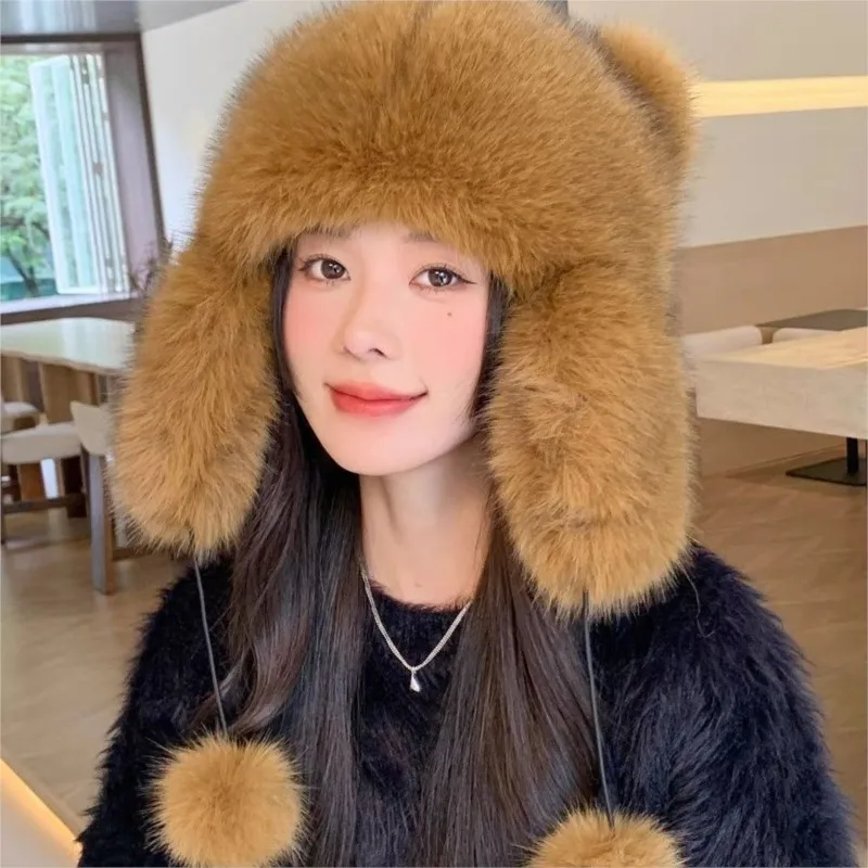 New ear-shaped fur hat with fleece ear and cover outdoor cold-proof warm for women