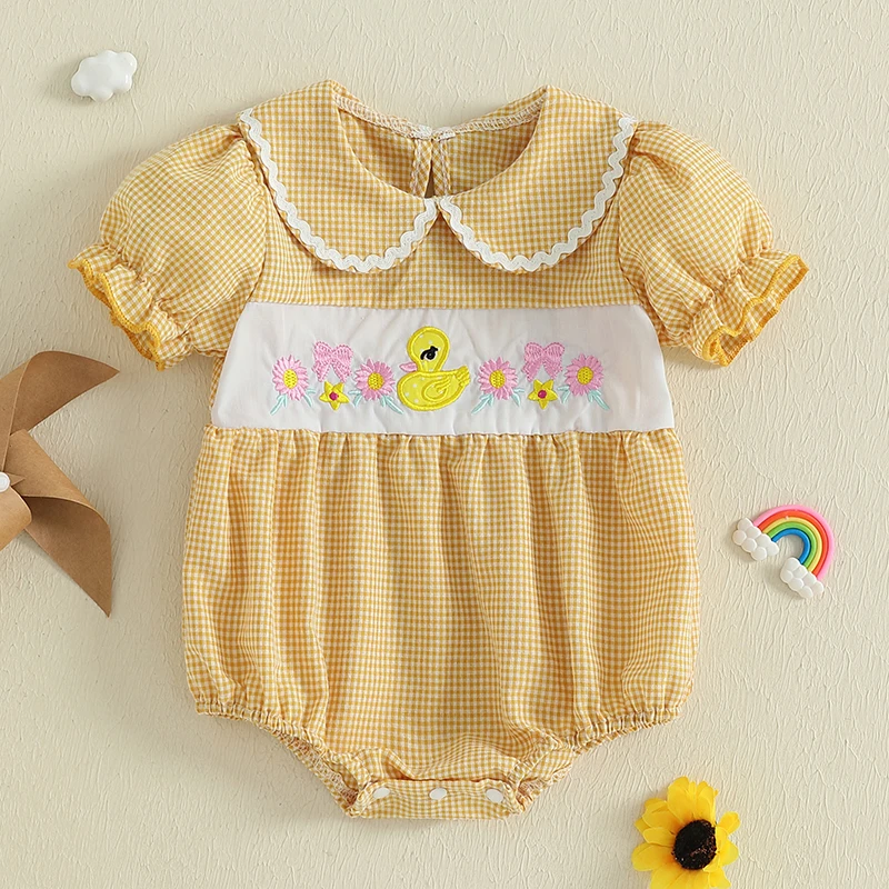 

0-18M Newborn Baby Girls Romper Short Sleeve Doll Collar Plaid Embroidery Duck Flowers Infant Toddler Jumpsuit Summer Clothes