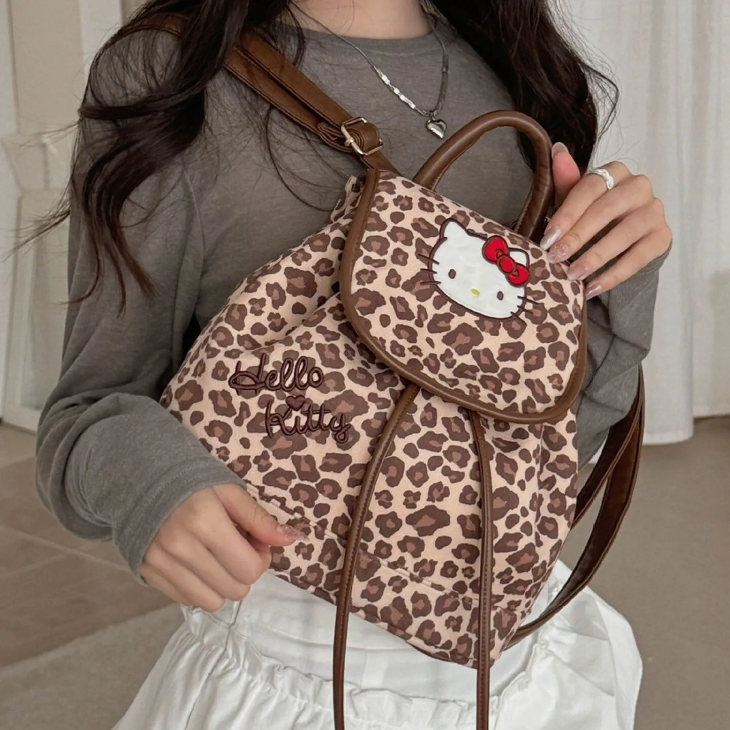 Hello Kitty Backpack with Leopard Print for a High-End Look - Cute and Adorable Cartoon Large Capacity Bag