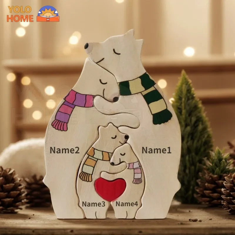 

New Personalized Name Christmas Bear Scarf Wooden Family Puzzle Birthday Gift Warm Home Decor Desk Ornament Christmas Decoration