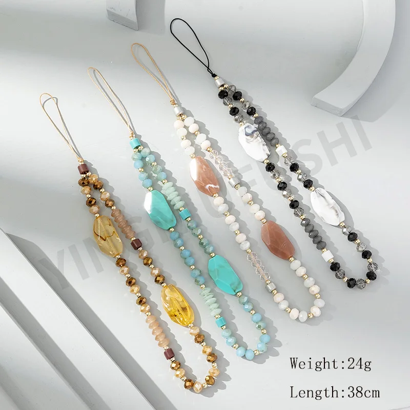 Crystal Beaded Phone Chain DIY Jewelry Fashion Colorful Natural Stone Charm Telephone Lanyard Cellphone Hanging Rope for Women