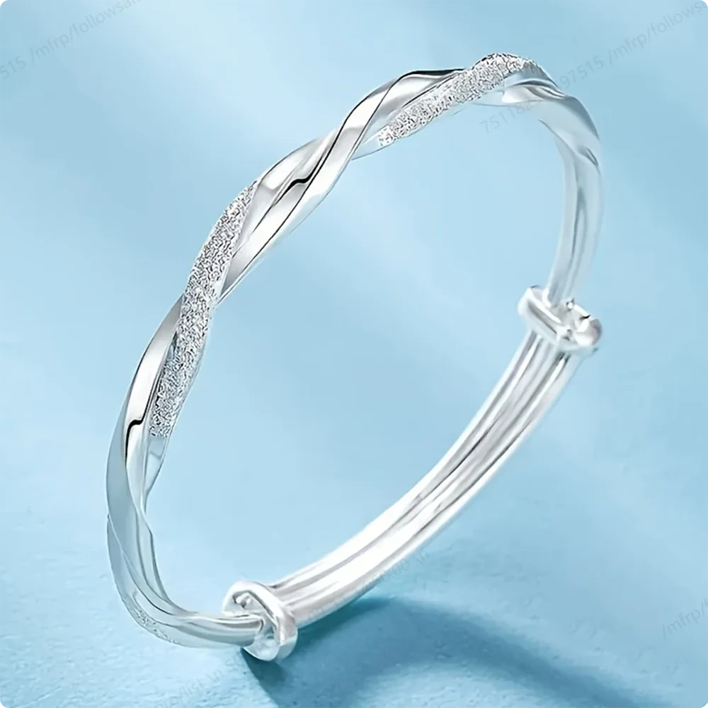 Charming 925 Sterling Silver Delicate Sparkling Woven Bangle for Women, Wedding Accessories, Adjustable Bangle