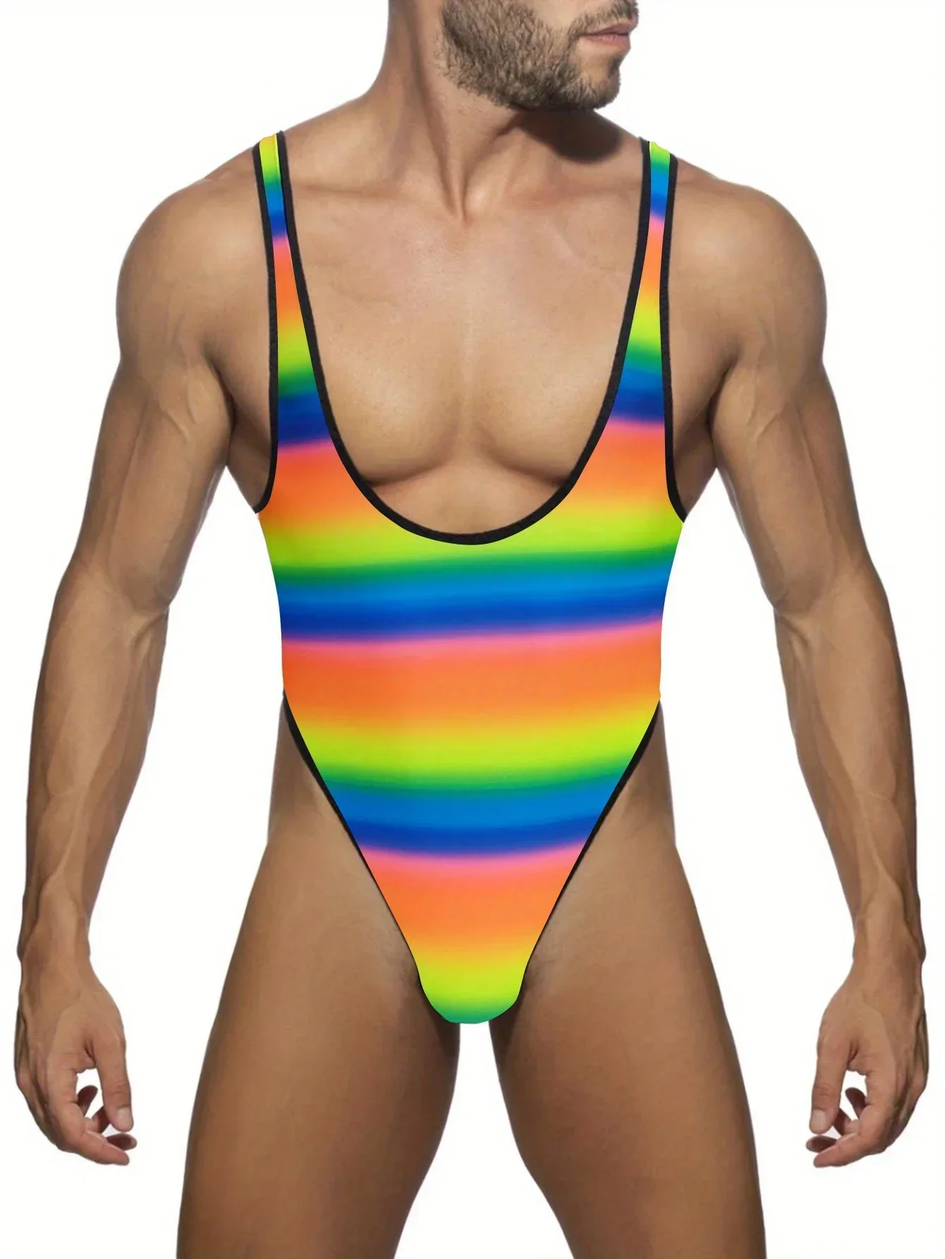 

Мужской сексуальный цельный купальник в радужную полоску, формирователь нижнего белья, купальник для молодых людей, стринги, пляжная одежда, купальный костюм для серфинга, шорты