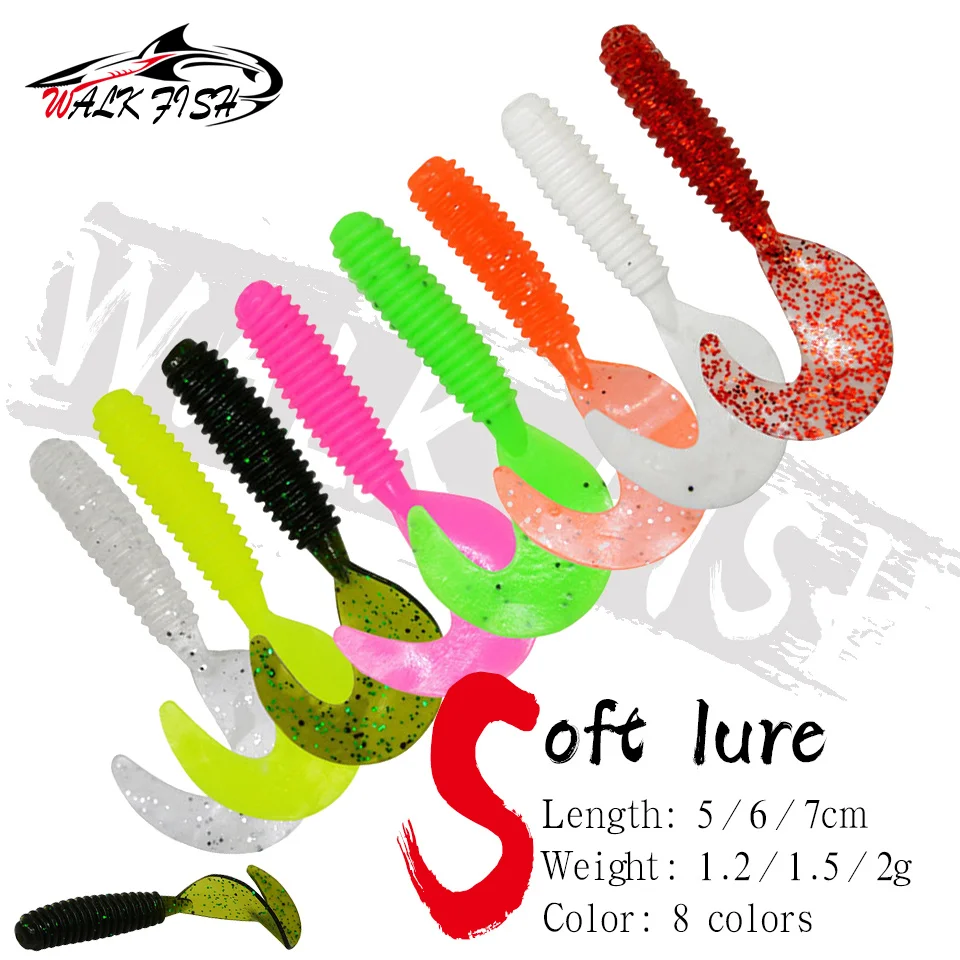 WALK FISH Soft Fishing Lure Long Bending Tail 50mm/60mm/70mm Sickle-tail Silicone Worms Bait with Salt Smell Carp Bass Pesca