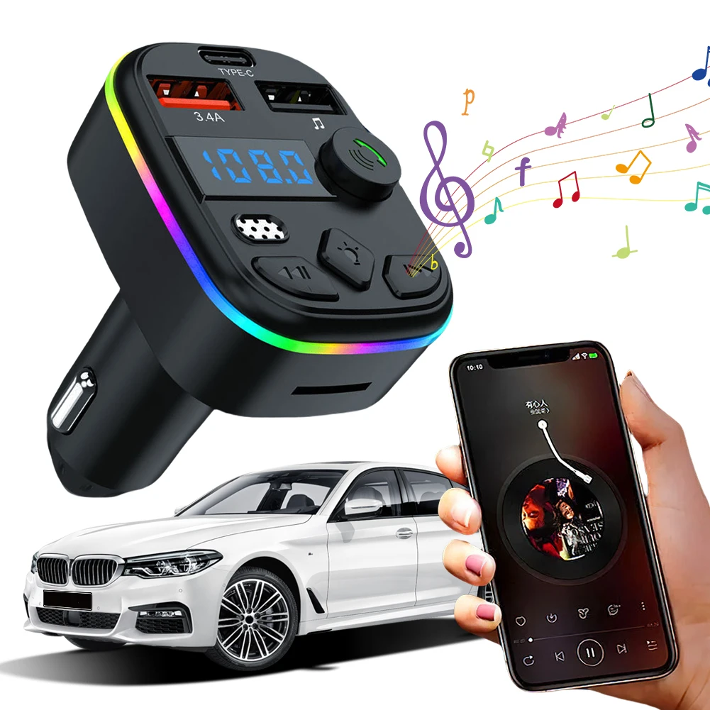 Car MP3 Player Bluetooth-Compatible 5.3 Support TF Card U Disk Car Charger Dual USB Type C Cell Phone Charger MP3 Player Adapter