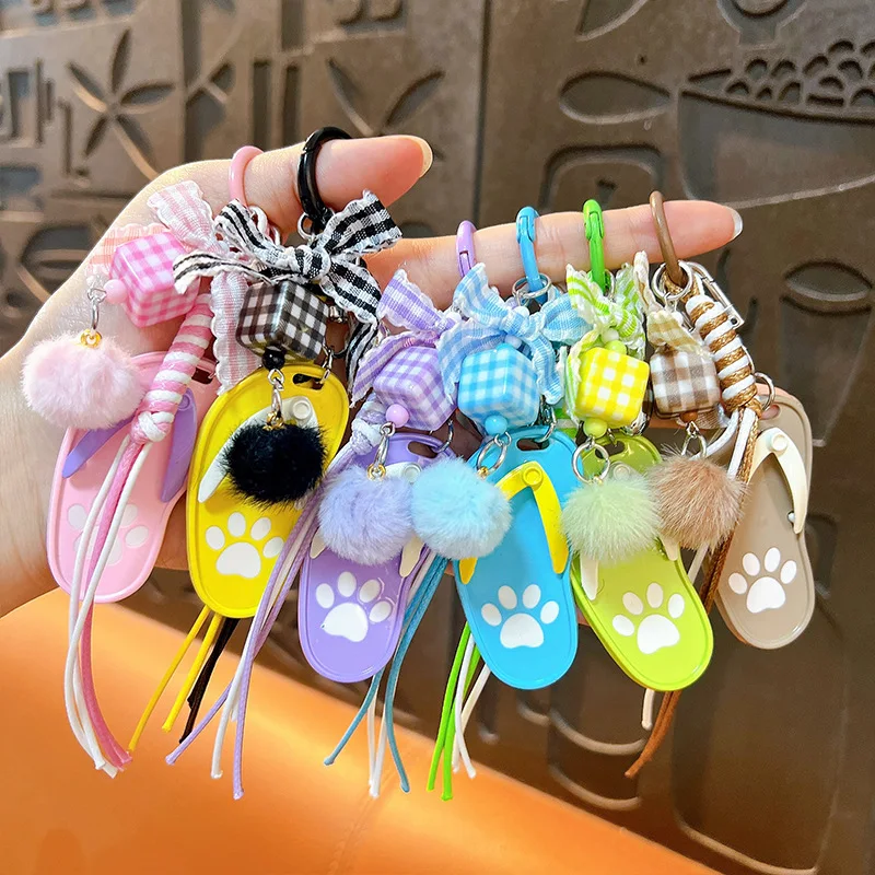 13.6cm Creative Cute Flip Flops Keychain Summer Colorful Slippers Keyring Girl Bag Decompression Pendant Key Chains Rope Decor