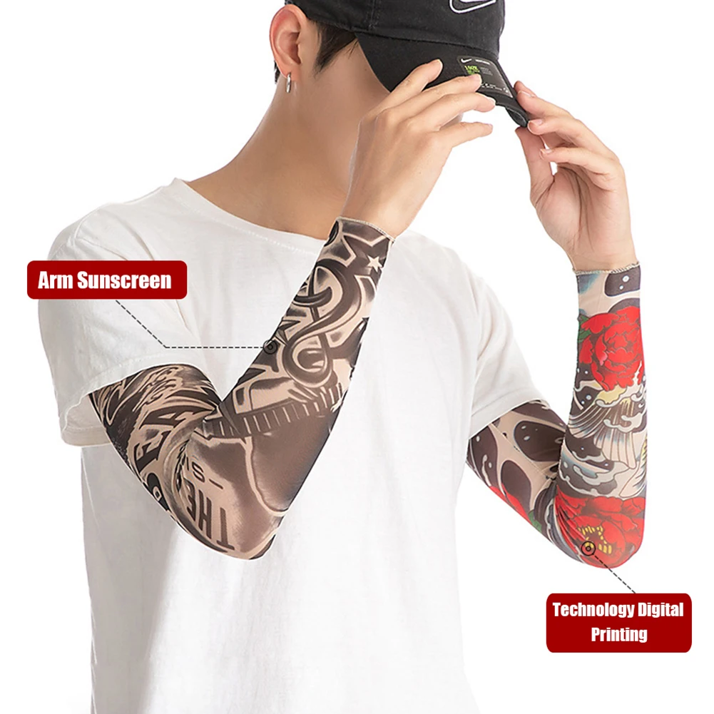 2 Stuks Mode Arm Tattoo Mouwen Zon Uv Bescherming Naadloze Outdoor Rijden Zonnebrandcrème Mouwen Voor Mannen Vrouwen