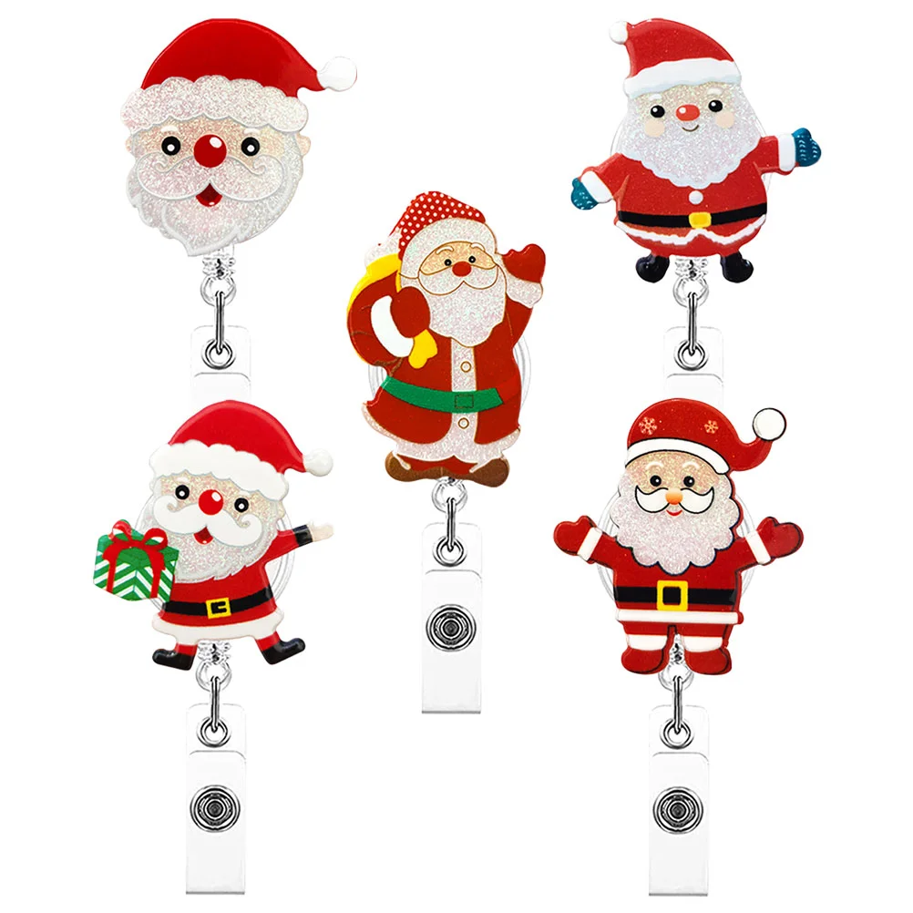 

5 Pcs Christmas Acrylic Glitter Santa Claus ID Card Retractable Holders Badge Reels for Nurses Work School Holiday Xmas