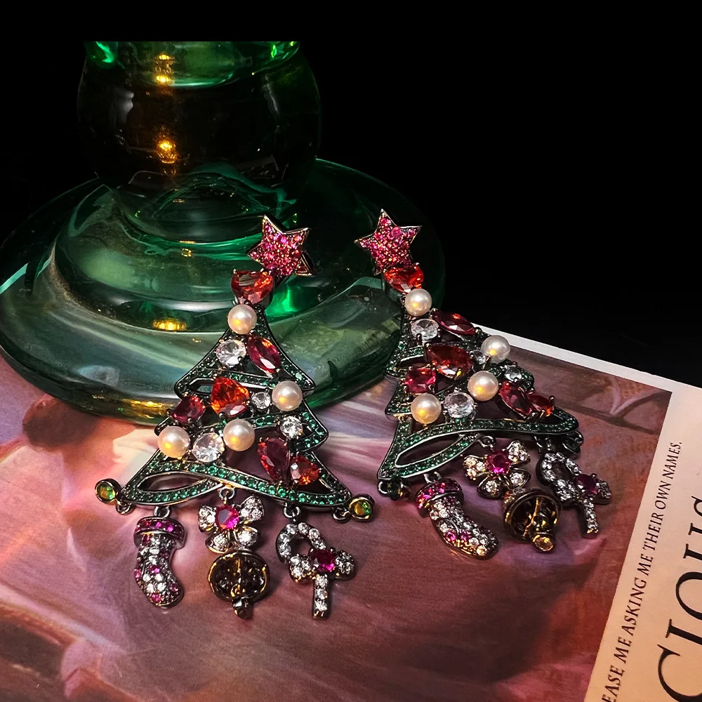 New Christmas Tree Earrings Plated Rhodium Mixed Color Water Drop Heavy Industry High end S925 Earring Jewelry Gifts