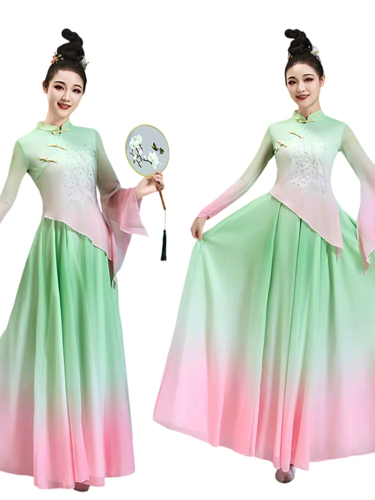 Modern Hanfu Women Chinese Folk National Dance Costume 2 Piece Long Sleeve Top Swing Circle Skirt Gradient Color Body Rhyme 3XL