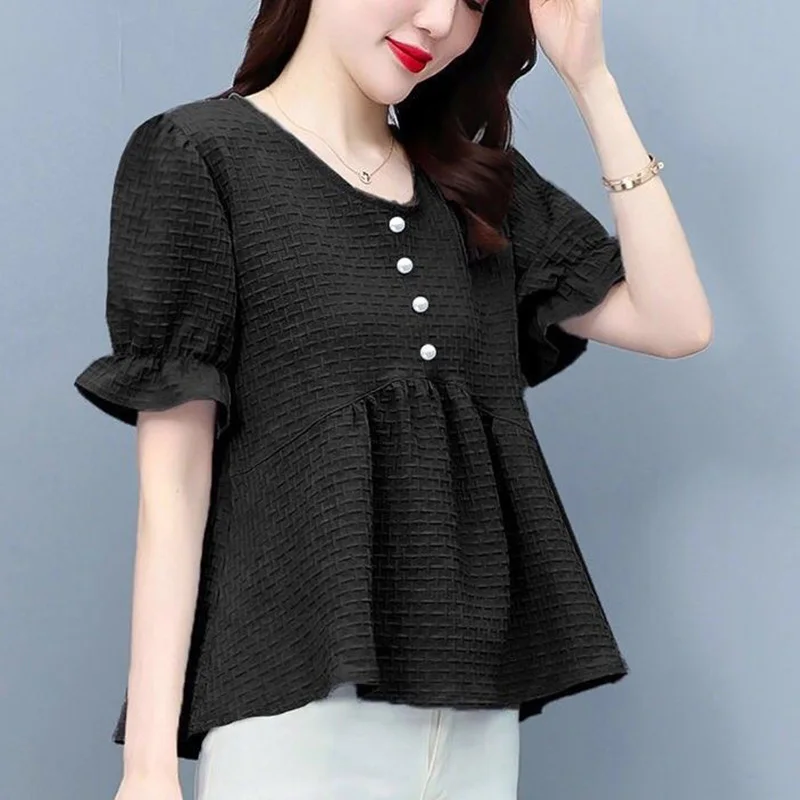 Elegant O-Neck Button Loose Folds Ruffles Blouse Women Clothing 2023 Summer New Casual Pullovers Office Lady Puff Sleeve Shirt