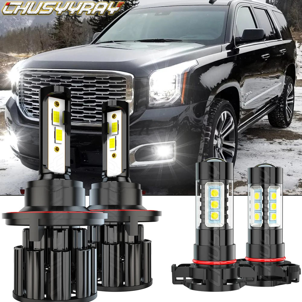 CHUSYYRAY Car lights Compatible For 2007-2013 GMC Yukon Denali 6000k 4X LED white Headlight Hi/low Fog Light Bulbs Kit luzes