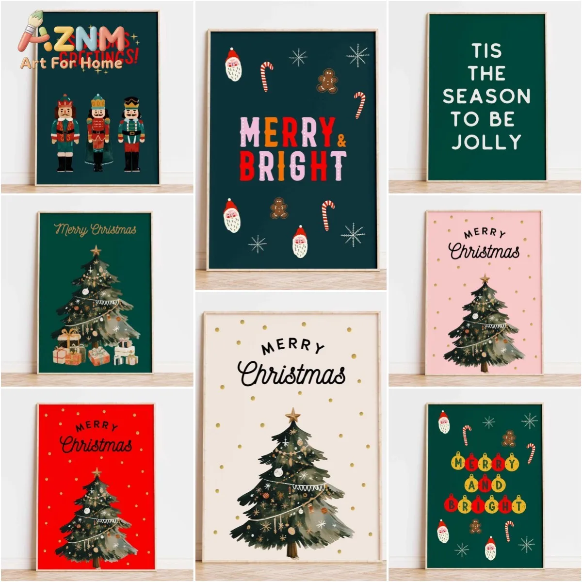 AZNM Cute Christmas Canvas Wall Art Xmas Tree Nutcracker Santa Candy Cane Gingerbread Man Holiday Typography Unframed Canvas Pos