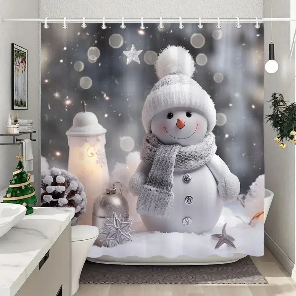 White Snowman Christmas Shower Curtains Christmas Gift Blue Forest Deer Rustic Cottage Washable Home Bath Curtain Bathroom Decor