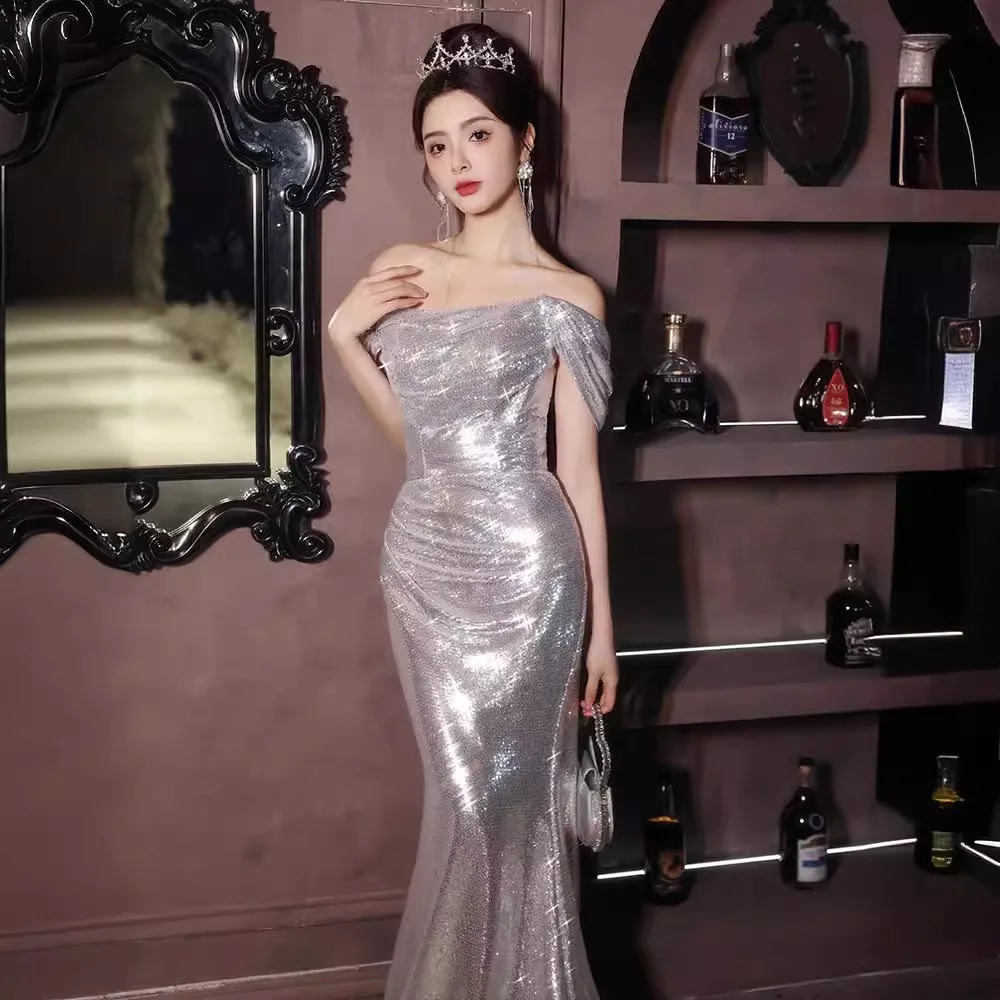 Suknia wieczorowa na jedno ramię, damska, z trenem typu fishtail, luksusowa, wysokiej klasy, na ceremonię, egzamin artystyczny, dla prowadzącej, na bal, Aosp...