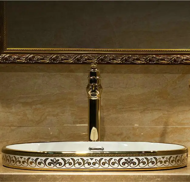 

Mosaic Gold Oval Ceramic Semi Counter Lavobo Bathroom Sink With Overflow Wash Basin