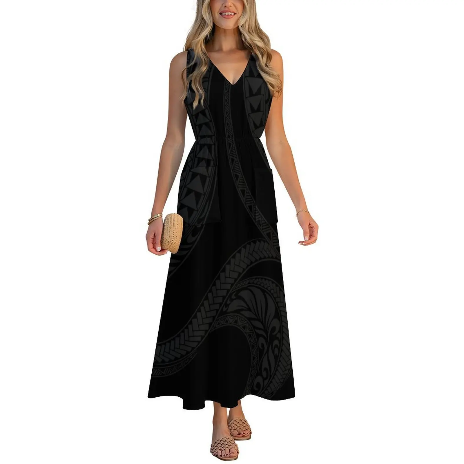Customizable Comfortable And Soft Fabric V-Neck Dress Hawaiian Tropical Flower Patterned Beach Dress