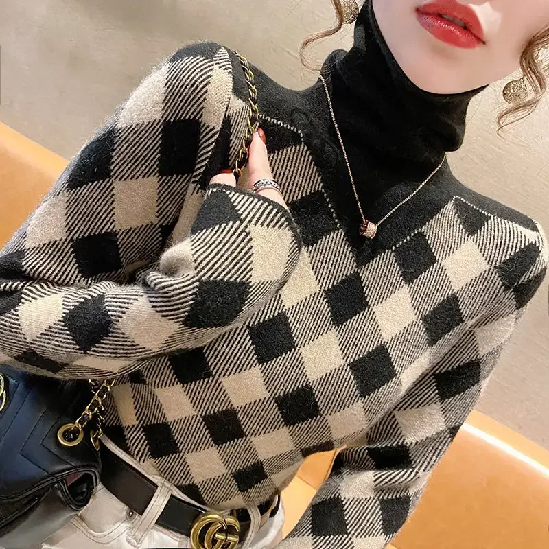 

Women's High Neck Striped Knitted Tops New Autumn and Winter Fashion All-match Printing Plaid Long Sleeve Pullover Slim Sweater