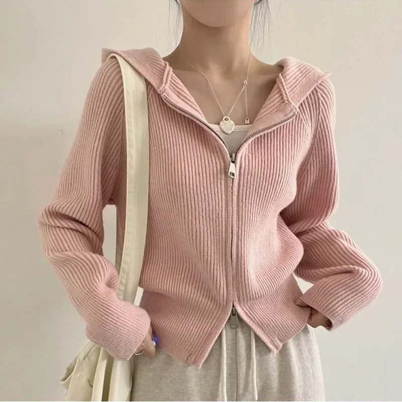 Autumn Winter Idle Style Hooded Thickened Knitted Cardigan Korean Ins Zip Up Design Sensibility Nicolapel Sweater For Women