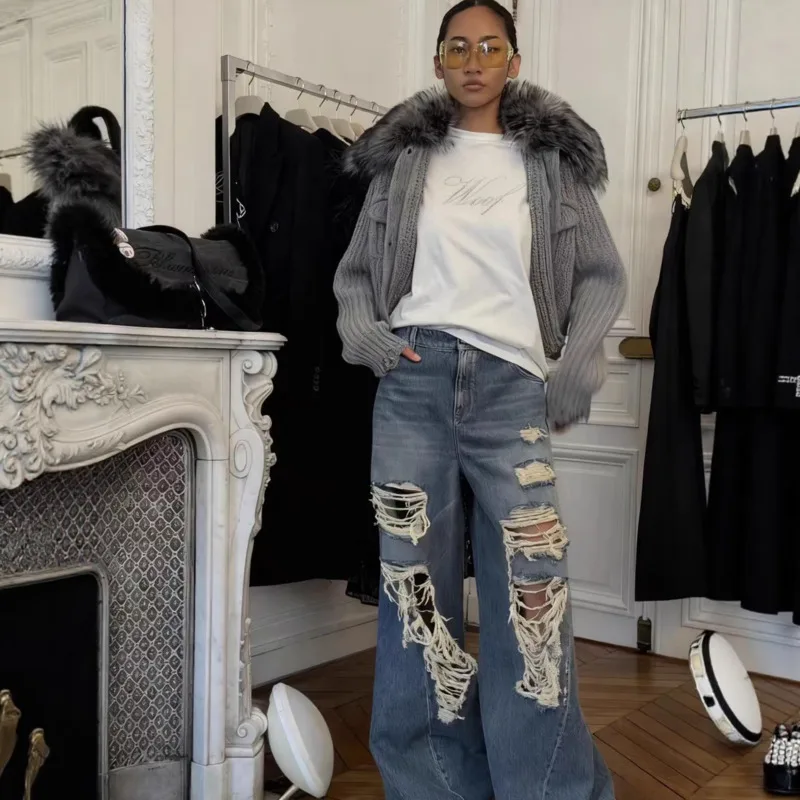 الفاخرة الفراء طوق الوزن الثقيل مضلع سترة 2025 جديد BL مصمم الأزياء القابلة للإزالة الفراء طوق معطف سيدة أنيقة ودافئة تريكو