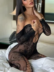 Hot Sexy Lingerie Women Erotic Bodystocking Crotchless Long Sleeve Hollow Fishnet Full Body Stockings Open Crotch Sex Clothes