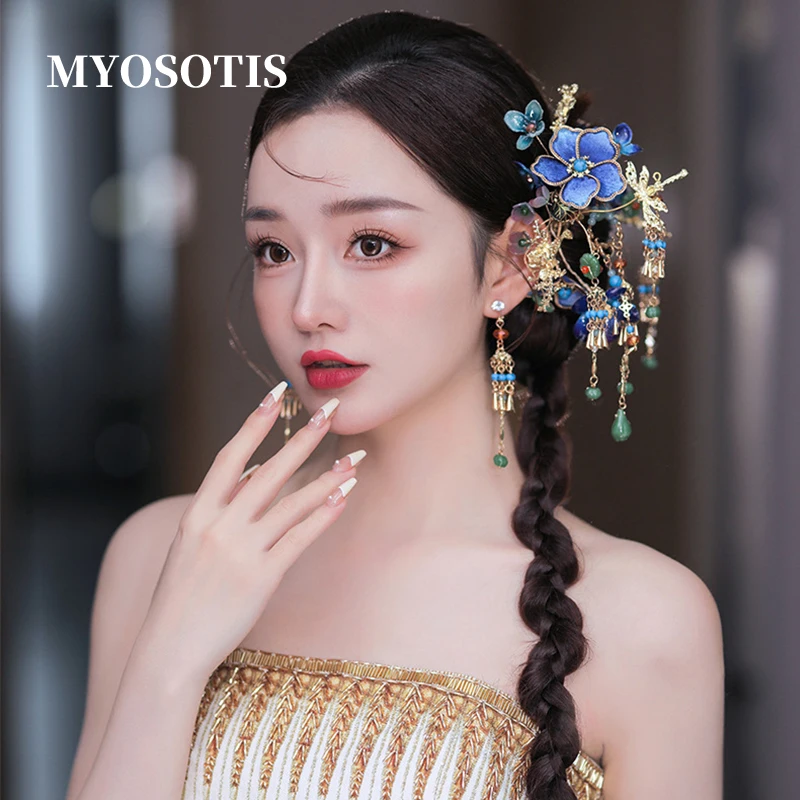 

Elegance Retro Chinese Hanfu Hair Sticks Blue Vevelt Flower Tassel Step Shake Hairpin Set Wedding Costume Hair Accessories