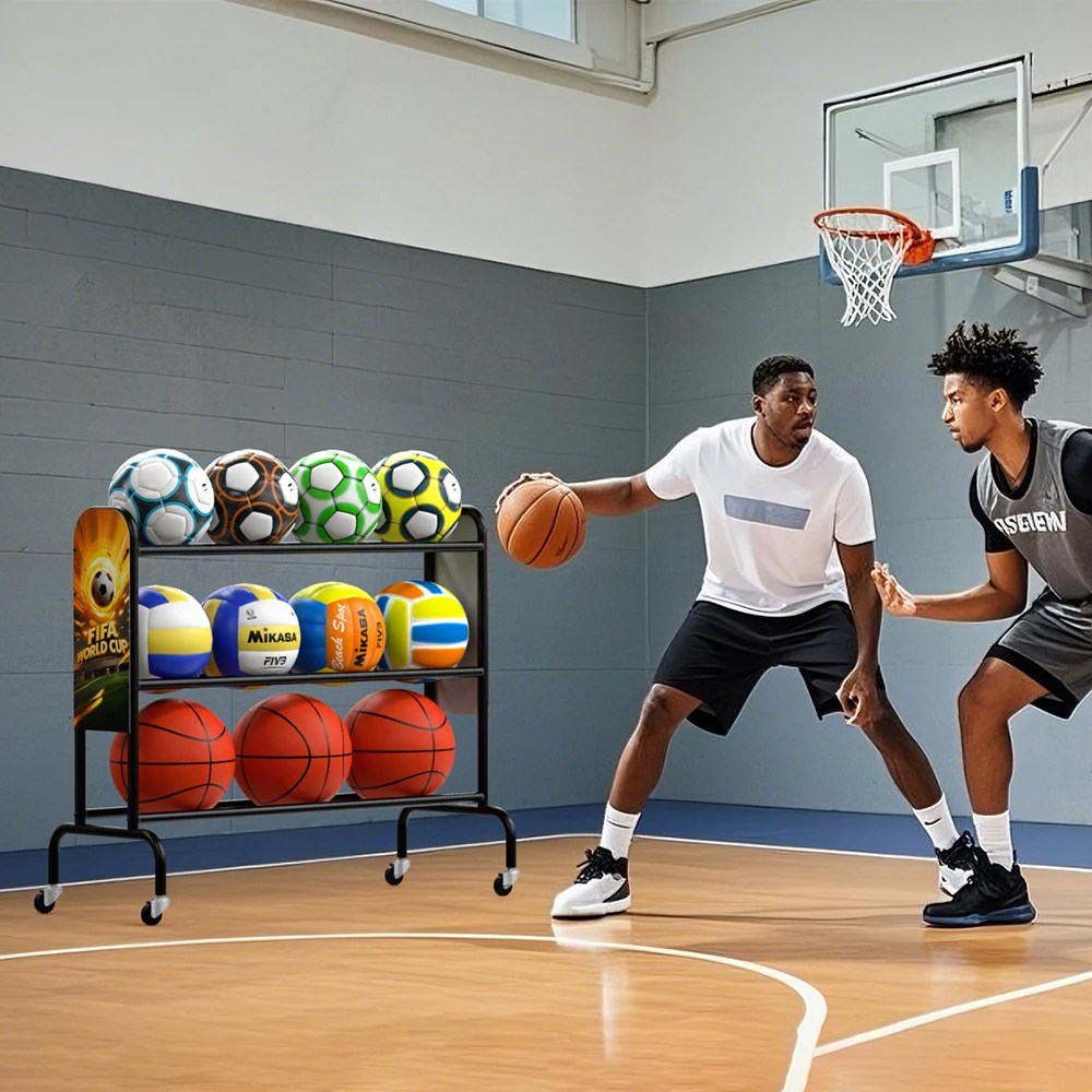 ชั้นวางลูกบาสเก็ตบอล 3 ชั้น พร้อมล้อเลื่อน สำหรับเก็บลูกบาสเก็ตบอล และฝึกซ้อมการยิงบาส