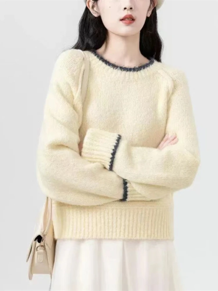 Nouveau printemps automne tricot femmes pulls mode col rond femme pull élégant à manches longues hauts ample Vintage femme Blouse