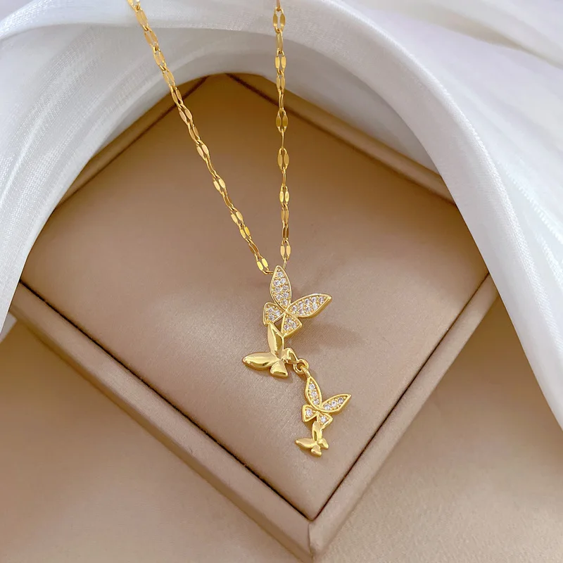 Gorgeous Tassel Butterfly Copper Inlaid Zirconia Pendant for Women Elegant Party Jewelry Stainless Steel Birthday Memorial Gift