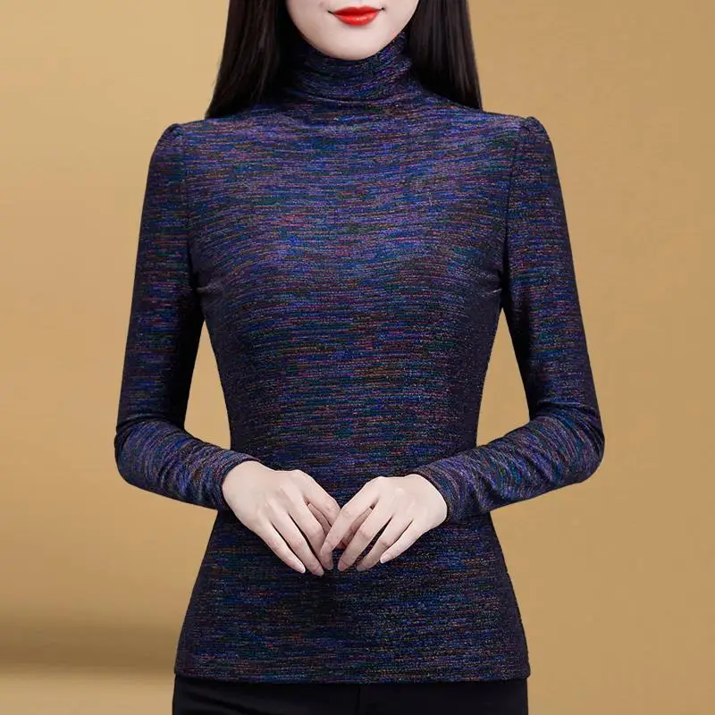 Add Velvet and Thick Autumn and Winter New Korean Version Slim Fit Women\'s Top Long Sleeved T-shirt High Neck Warm Women\'s Shirt