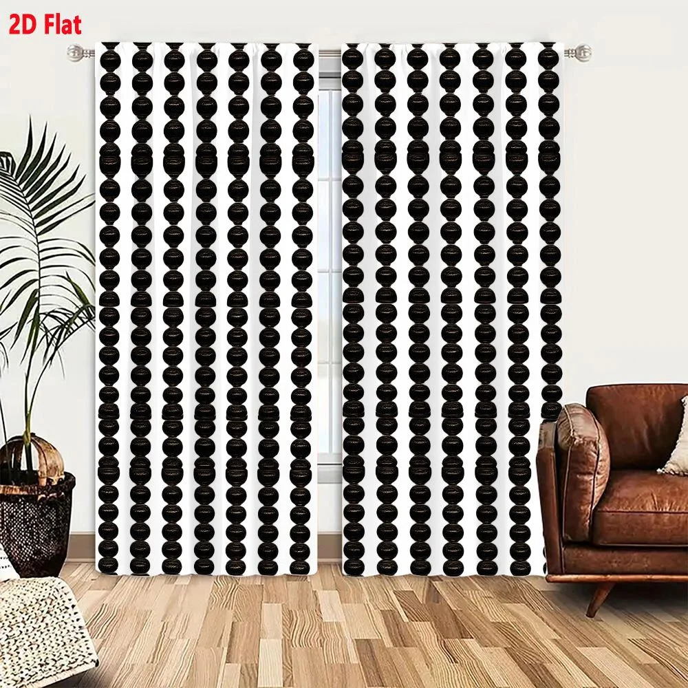 2Pcs Curtains Black Oval Bead Pattern On White Background With Glossy Finish And Geometric Design Window Drapes for Bedroom Room
