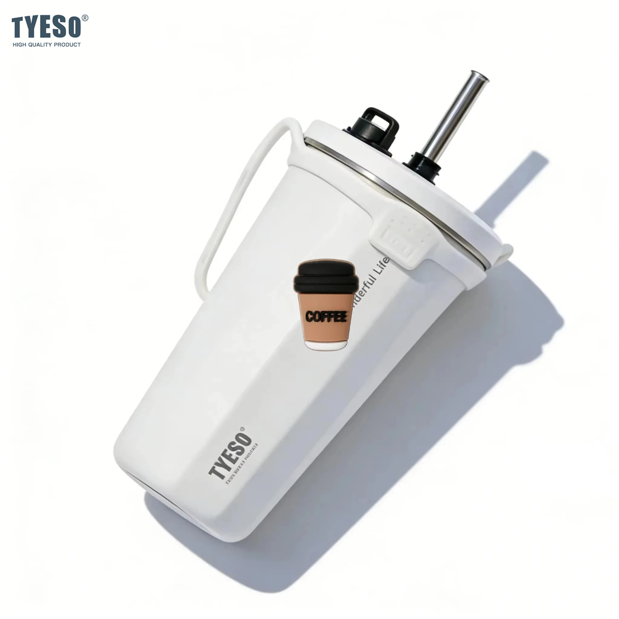 Tyeso 600ML Stainless Steel Coffee Cup With Straw and Sticker Insulated Water Bottle Car Thermos Mug Cold Drink Vacuum Cup