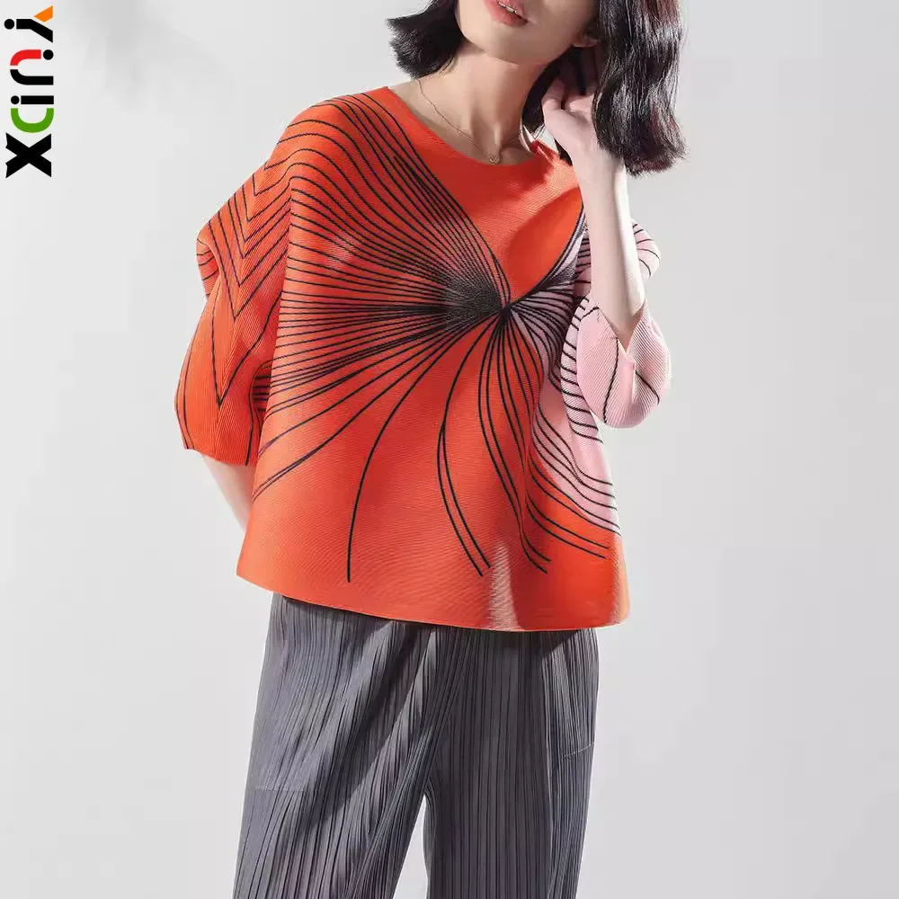 

YUDX Pleated Fashion Printed Women's Tops Design Niche Fashion Temperament Bat Seven Sleeve Plus Size T Shirt 2024 Summer New