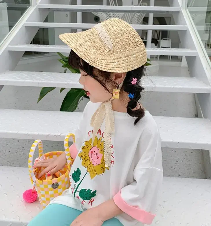 

Cute Vintage Children Baby Girls Straw Plaited Hat Lace Up Beach Holiday Outdoor Summer Sun Block Hat Cap for Kids Sun Hats