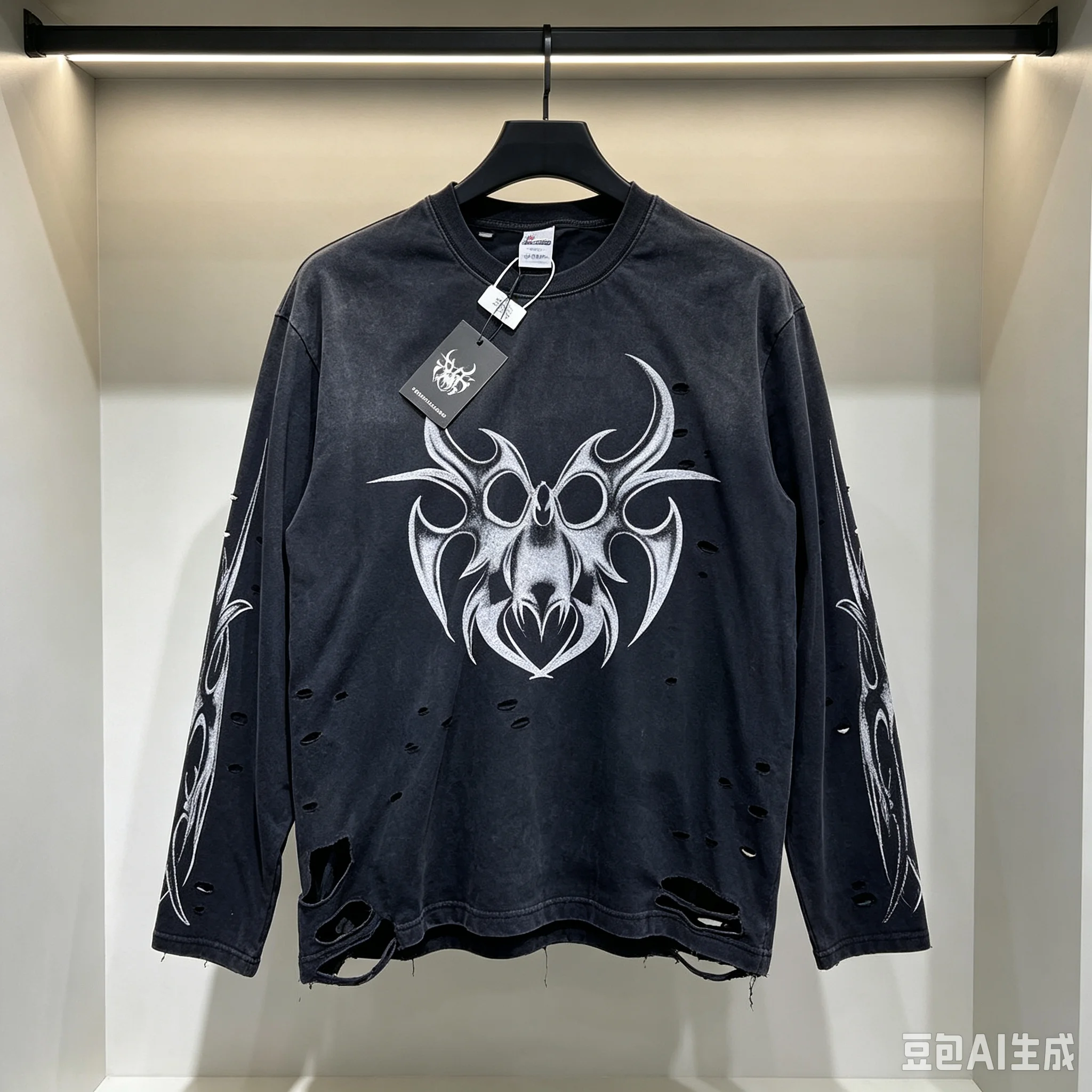Y2K Gothic Men Long Sleeve Chew Forever T Shirt Men Women Vintage Wash Distressed Hole Destroyed Tribal Graphic Print Streetwear
